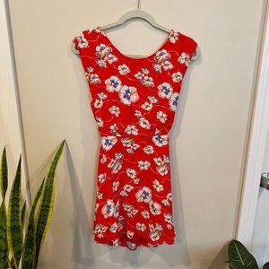Red floral sleevless dress with tie-back